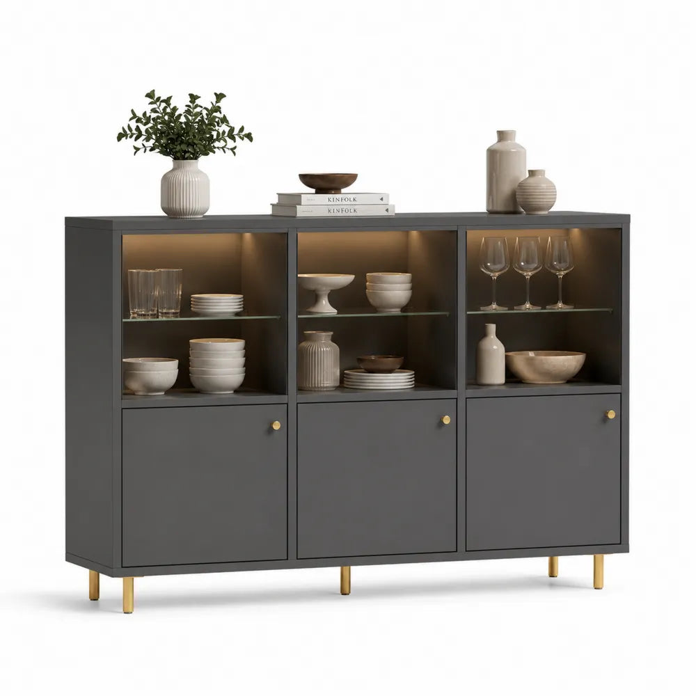 Sideboard mit LED Beleuchtung Glasböden MDF Holzwerkstoff Grau Gold 160 cm x 40 cm x 80 cm 3 Türen