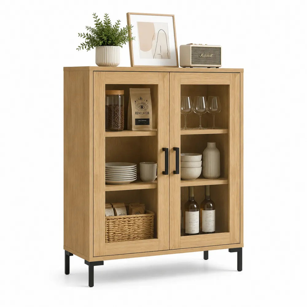 Sideboard Aufbewahrungsschrank mit Glastüren Vitrine Holzdekor Eiche Metallgestell Schwarz ca 100 cm 40 cm 120 cm
