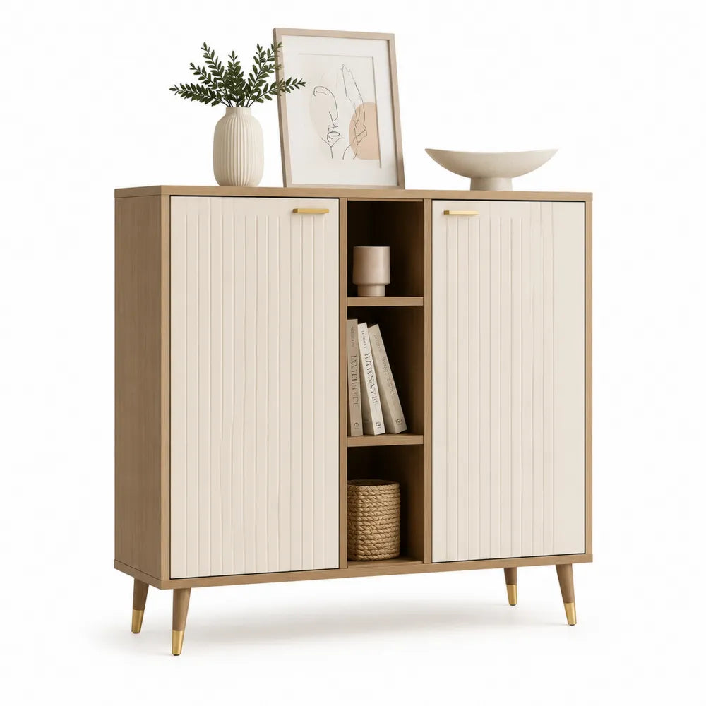 Sideboard Aufbewahrungsschrank mit Türen und offenen Fächern Holzwerkstoff Eiche Dekor Metallgriffe Gold ca 100 cm 35 cm 90 cm