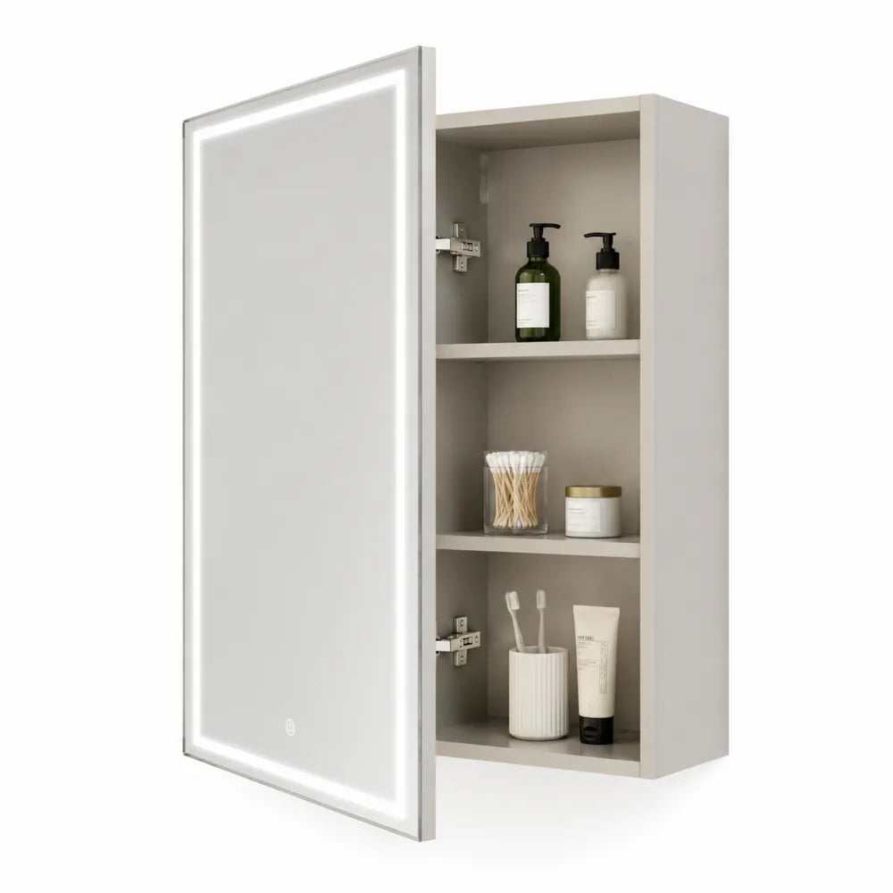 LED Spiegelschrank Wandmontage mit 1 Tür und offenen Fächern MDF Holzwerkstoff rechteckig Beige Grau