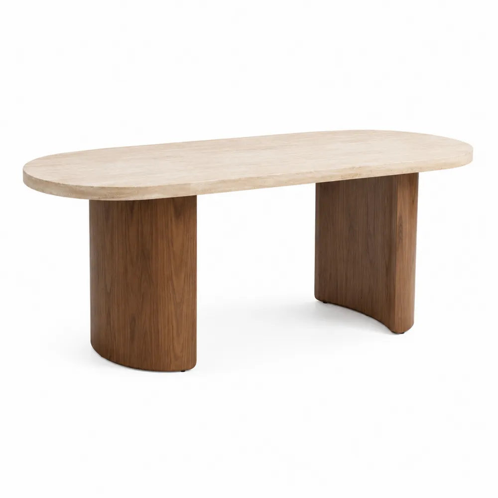 Ovaler Esstisch Keramik Tischplatte Travertinoptik Säulengestell Holzfurnier Beige Braun 180 x 90 x 75 cm