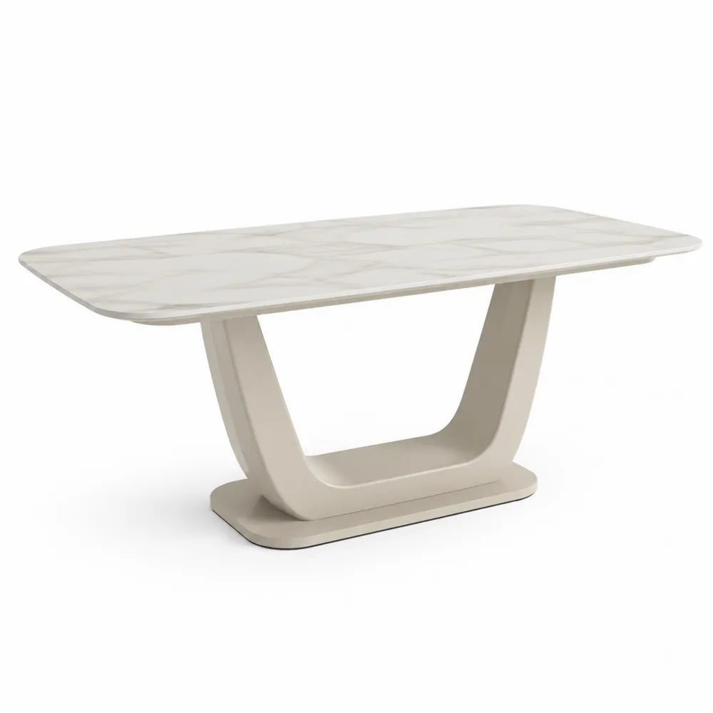 Rechteckiger Esstisch Keramik Tischplatte Marmoroptik Säulenfuß Beige Weiß 180 cm x 90 cm x 75 cm