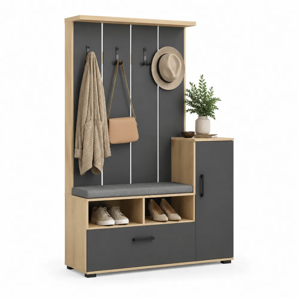Garderobenmöbel Flur Set 120 x 35 x 180 cm Holzwerkstoff MDF Eiche Hell Grau Schwarz Sitzbank Schuhschrank Hakenleiste Offenes Fach