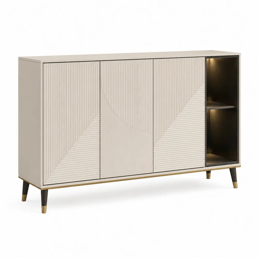 Sideboard mit 2 Türen und offenem Regal MDF Holzwerkstoff Melaminbeschichtet Metallbeine Schwarz Gold Beige