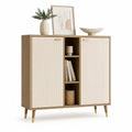 Sideboard Aufbewahrungsschrank mit Türen und offenen Fächern Holzwerkstoff Eiche Dekor Metallgriffe Gold ca 100 cm 35 cm 90 cm