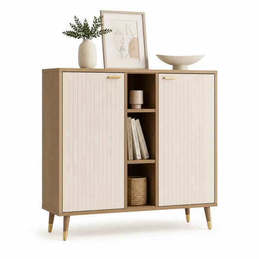 Sideboard Aufbewahrungsschrank mit Türen und offenen Fächern Holzwerkstoff Eiche Dekor Metallgriffe Gold ca 100 cm 35 cm 90 cm
