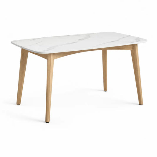Esstisch rechteckig Keramik Tischplatte Marmoroptik Holzbeine Weiß Naturholz ca 140 cm 80 cm 75 cm