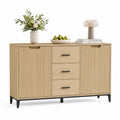 Sideboard Eiche 160 x 40 x 80 cm Holzoptik mit 3 Schubladen und 2 Türen Lamellenfront Schwarz Metallfüße