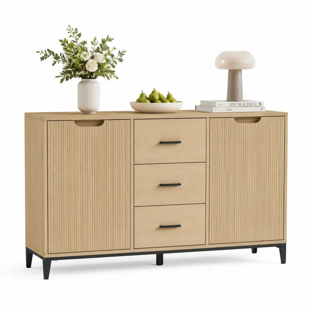 Sideboard Eiche 160 x 40 x 80 cm Holzoptik mit 3 Schubladen und 2 Türen Lamellenfront Schwarz Metallfüße