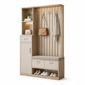 Garderobenmöbel Flur Set 120 x 35 x 180 cm Holzwerkstoff Sitzbank Schuhschrank Hakenleiste offene Fächer Eiche Hell Beige Gold