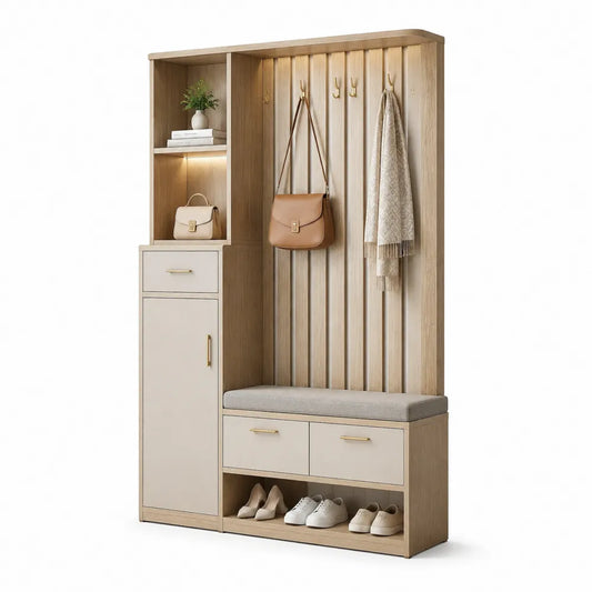 Garderobenmöbel Flur Set 120 x 35 x 180 cm Holzwerkstoff Sitzbank Schuhschrank Hakenleiste offene Fächer Eiche Hell Beige Gold