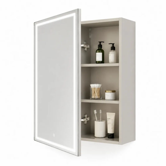 LED Spiegelschrank Wandmontage mit 1 Tür und offenen Fächern MDF Holzwerkstoff rechteckig Beige Grau