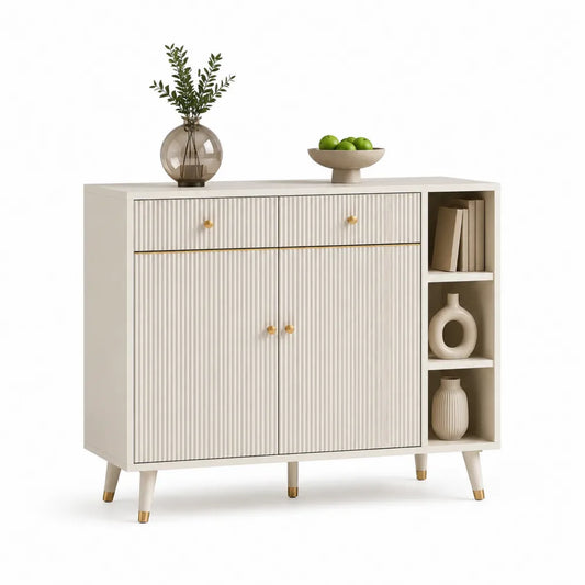 Sideboard Schrank mit Türen Schubladen und offenem Regal MDF Holzwerkstoff melaminbeschichtet Goldgriffe Holzbeine Beige Weiß ca 120 cm 40 cm 85 cm