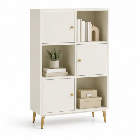 Bücherregal 80 x 30 x 120 cm MDF mit Türen und offenen Fächern rechteckig Cremeweiß Goldfüße