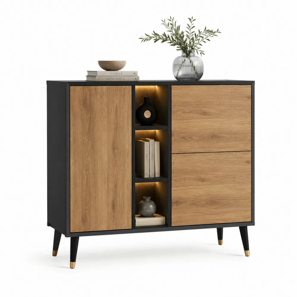 Sideboard mit offenen Fächern LED Beleuchtung Holzdekor Schwarz Eichefarben Gold 120 cm x 40 cm x 90 cm