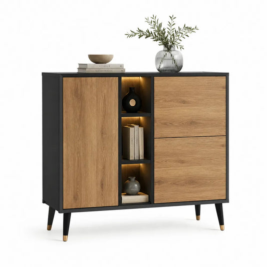 Sideboard mit offenen Fächern LED Beleuchtung Holzdekor Schwarz Eichefarben Gold 120 cm x 40 cm x 90 cm