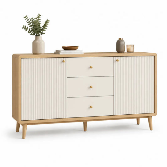 Sideboard Kommode rechteckig 2 Türen 3 Schubladen MDF Holzoptik Rillenfront Weiß Naturholz 120 x 40 x 80 cm