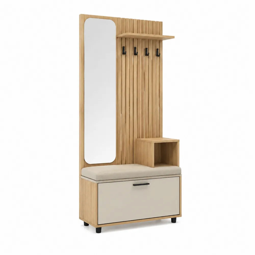 Flurschrank Garderobe mit Sitzbank Spiegel Hakenleiste Schuhschrank offenes Fach Eiche Natur Beige Schwarz rechteckig