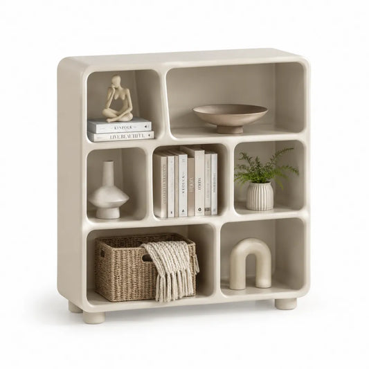 Standregal mit 7 offenen Fächern 100 cm x 35 cm x 110 cm MDF Holzwerkstoff Cremeweiß rechteckig mit abgerundeten Kanten