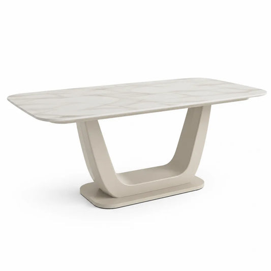 Rechteckiger Esstisch Keramik Tischplatte Marmoroptik Säulenfuß Beige Weiß 180 cm x 90 cm x 75 cm