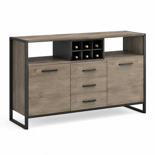 Sideboard Kommode rechteckig mit Weinregal 2 Türen 3 Schubladen Holzoptik Metallgestell Schwarz 150 x 40 x 85 cm
