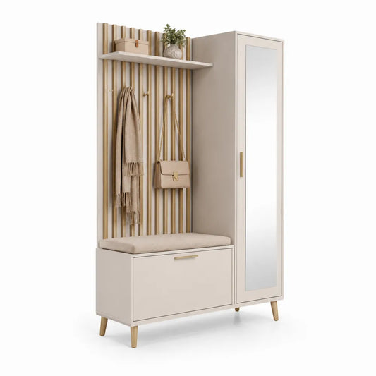 Garderobenmöbel mit Spiegel Hochschrank Sitzbank und Hakenpaneel 100 x 35 x 190 cm Holzwerkstoff Metall rechteckig Cremeweiß Goldfarben