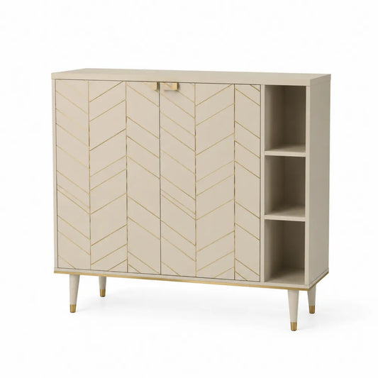 Sideboard Schrank mit Türen und offenem Regal MDF Holzwerkstoff Melaminbeschichtet Metallbeine Gold Beige ca 120 cm 40 cm 85 cm