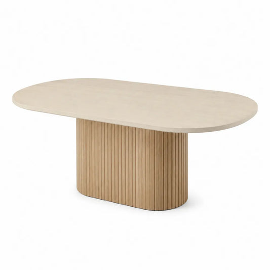 Ovaler Esstisch Travertinoptik Tischplatte Säulenbasis Holzfurnier geriffelt Beige Naturholz 180 x 90 x 75 cm