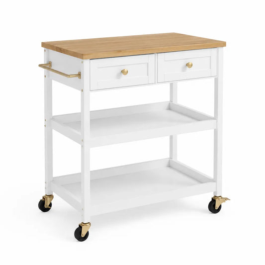 Küchenwagen auf Rollen 80 cm x 40 cm x 85 cm MDF Bambus rechteckig Weiß Naturholz Goldfarben Schwarz