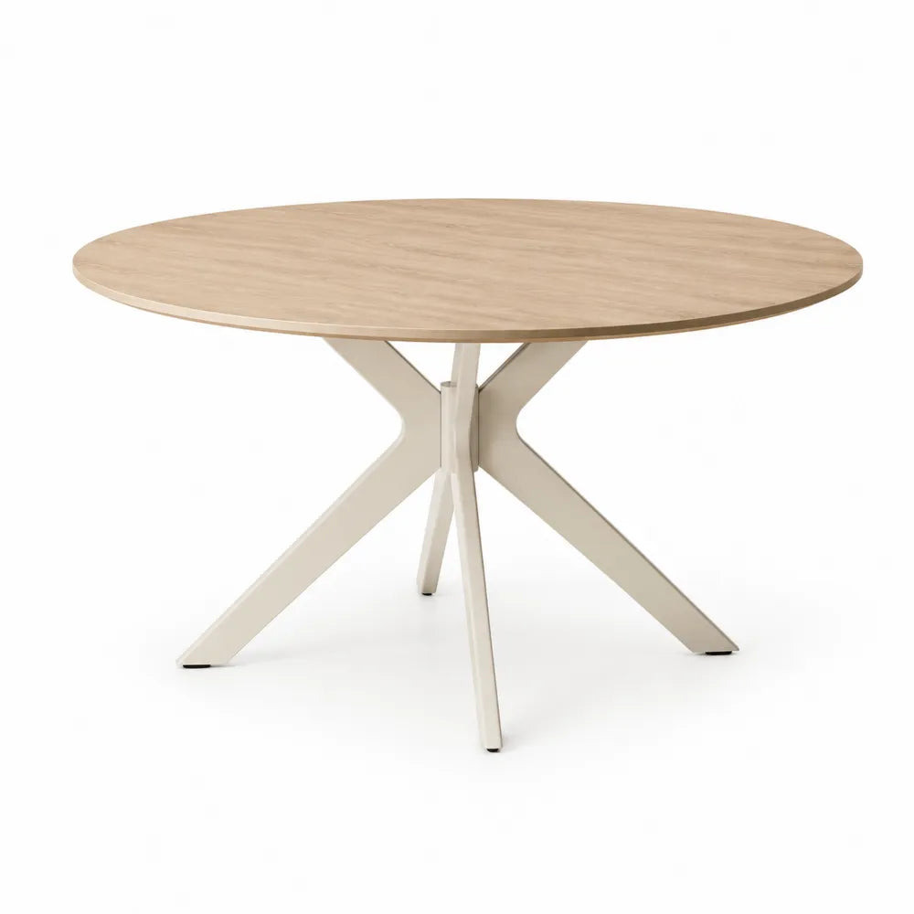 Runder Esstisch Ø120 cm Eichenholzoptik MDF Stahlgestell Kreuzfuß Weiß 75 cm Höhe