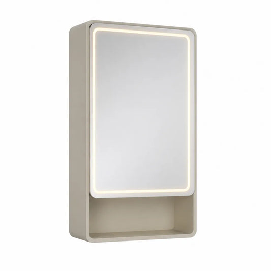 LED Spiegelschrank 60 x 15 x 90 cm mit offenem Fach MDF Spiegelglas rechteckig abgerundet Cremeweiß