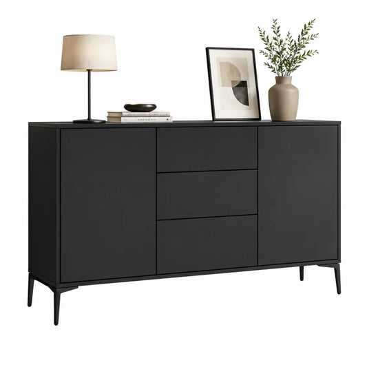 Sideboard 160 x 40 x 85 cm Schwarz Holzoptik mit 3 Schubladen und 2 Türen Metallfüße